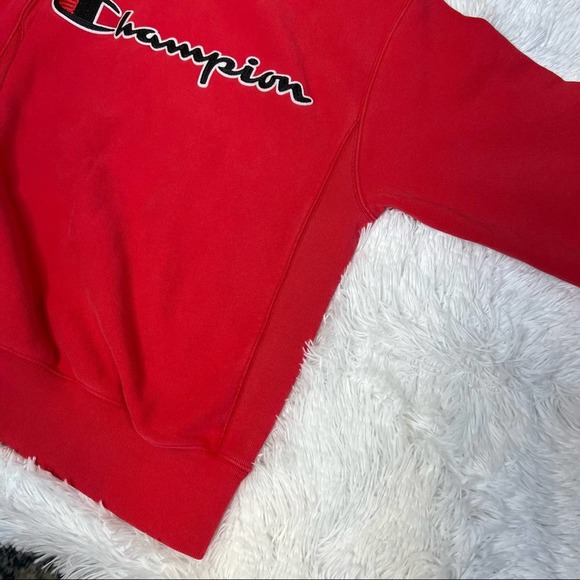 Champion Reverse Weave Red Crew Neck Pullover Sweatshirt Black Script Logo - Picture 4 of 8